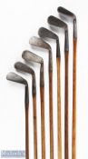 7x Assorted Irons to incl Smiths model anti-shank mashie, Harrods of London iron, T Simpson of St