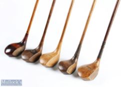 5x Assorted socket neck woods to include a large head light stained persimmon stamped Butchart,
