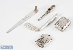 Group of Silver Golf Related Items (4) - American pill box with ornate and period golfer design,