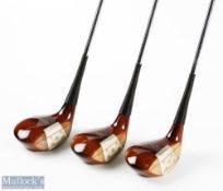 3x Matching MacGregor Tourney MT persimmon woods Nos 2, 3 and 4 with aluminium face inserts