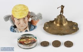 Golf Collectables a good-looking brass ink well pen stand with its original liner and golf figure, 3