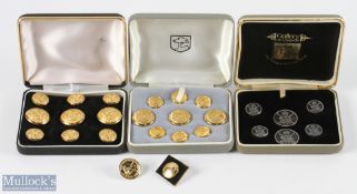 A Collection of Golf Club Buttons 3 set with cases and 2 loose, Gallery of London set of 6 plus 2