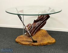 Golf Themed Glass Toped Coffee Table - a bevelled edges glass top resting on a set of golf clubs,