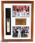 2005 England Ashes Cricket Display, with a signed miniature cricket bat, and photographs, the bat is