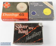 3x various Golf Ball Boxes for 12 - Silver King HV High Velocity box with hinged lid and makers