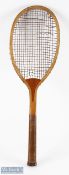 c1900 Crown Logo Wooden Tennis Racket, with original gut strings - a couple are broken, leather butt