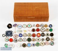 Collection of Golf Ball markers, metals, and plastic to include golf club badge, all within a wooden