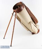 Sun Mountain leather and canvas Golf Bag with wooden hinged legs, padded leather shoulder strap