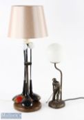 2 x Golf Themed Lamp Bases, a bronze effect golf figure with golf ball domed glass shade 17