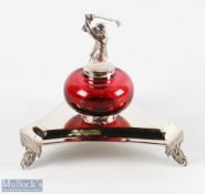 Silver Plated Desk Stand Ink Well silver plated stand with mid swing golfer, all on 3 feet, with a