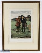 The First Tee Golf Picture engraved by G E after a picture by Walter Sadler, framed and mounted