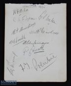 1935 Leicester County Cricket Club Autograph Page of Signatures, 9 signatures on one side of page,