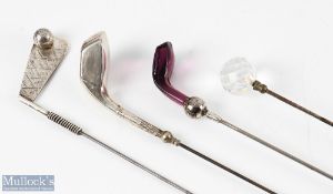 4x Golfing Hat Pins - 3x having golf club head designs, one having heavily worn hallmark to head,