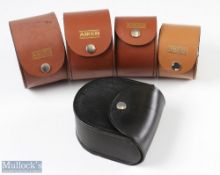 5x Leather reel cases all with button clips, Aiken, one unnamed 2x 4 1/2