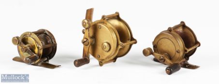 Collection of small brass Seminole style reels, made up of: 1x size 80 (on foot) 2