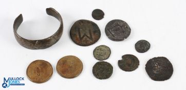 Antique Roman Byzantine Copper Coins, a heavy bronze bangle and 2 modern, one doubloon 1751