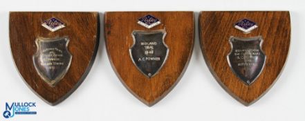 1949-1951 Riley Motor Club Trial Club Shield Trophy, 3 plaques with enamel Riley Motor Club and