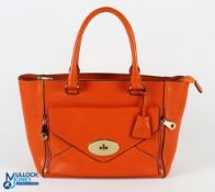 Mulberry ladies zip top handbag in orange leather with zip front clutch bag section, internal zipped