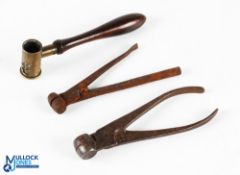 2x Vintage Round Ball Bullet Mould percussion musket shot tools, plus a period shot measure brass