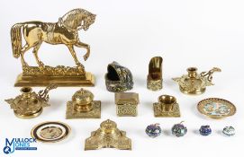 Brass Desk Top Ink Well, Pen Cleaner, Candle Sticks, stamp box plus an enamel frog ashtray a good