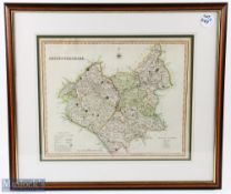 1829-1833 Henry Teesdale Engraved Map of Leicestershire hand coloured framed and mounted under glass