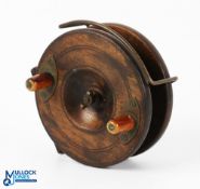 c1890s Patent Cone Brass and Mahogany Nottingham Reel twin horn handle, brass line guide with