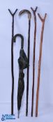 Fishing Wading Sticks and Umbrella, 4x wooden wading stick - one has a resin fish/trout handle,
