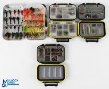 A collection of fly boxes, comprising: 3x Stillwater clam shell 4.5