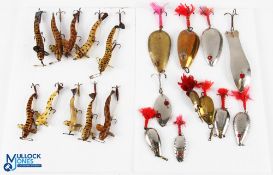 A collection of artificial baits and silver and brass spoons: 11x spoons with red eyes and wool