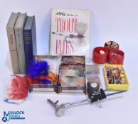 Period Fly Tying Books and accessories, to include a selection of silk reels, some made by