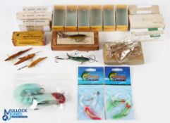 A collection of artificial baits and boxes: 2x packs of lures to nylon; large sea rubber lure; box