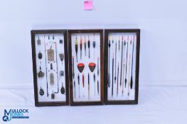 3x Fishing Display Case, of feeders, floats wagglers, framed under glass - size 21cm x 47cm x 4cm (
