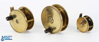 A collection of solid brass reels, all with horn handles and constant check, all run smoothly,