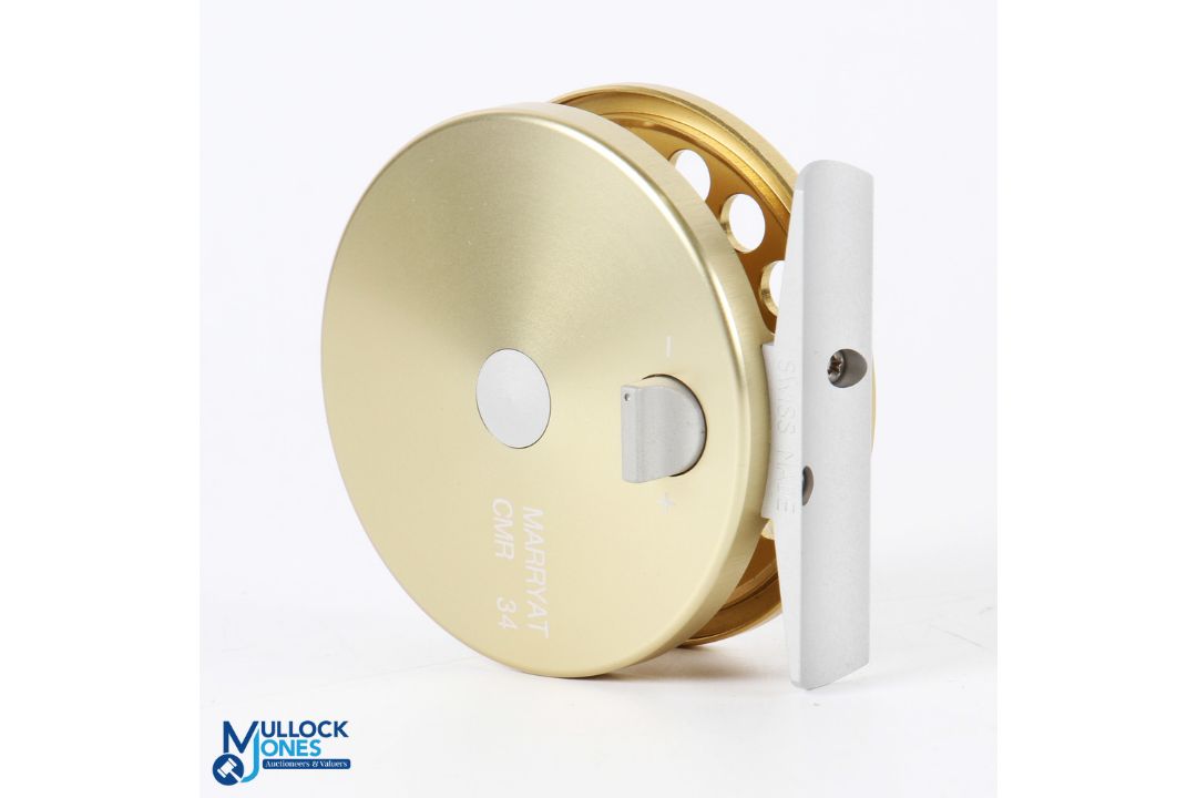 A fine Marryat Swiss made 2 5/8" fly reel with gold finish, button latch, rear tensioner, RHW, in - Image 2 of 2