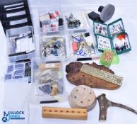 A large collection of fly tying tools and equipment, as follows: Curver 4 drawer storage