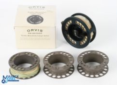 Orvis Rocky Mountain large arbor cassette III fly reel, made in England, with 3 spare cassettes,