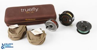 A collection of reels, spool and cases, as follows: 2x unused Snowbee reel pouches; Wichwood SLA