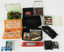 A collection of fly boxes: Hardy plastic box with 8 slots, quantity flies; zip case with quantity