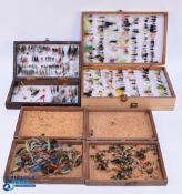 5 Wooden Fly Box of Salmon and Trout Flies, a good double box of neatly displayed Trout flies wet