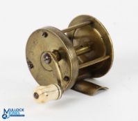 Early unnamed brass multiplier winch with curved crank arm with white handle, 1.75