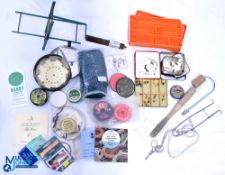 Period fishing Accessories, a collection to include line winder, reel bags, Shakespeare netting bag,