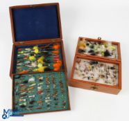 2x Wooden Fly Cases and Flies - one double hinged box, the other having enamelled anglers plaque