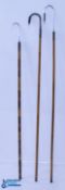 3x Period Fishing Gaffs, all with bamboo handles and brass fittings, 1 has a burnt wood finish and