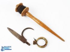 Antique Georgian Wooden Bank Runner length 27cm, together with brass clearing ring and gaff hook