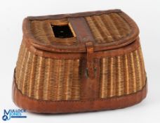 A Fine Split Cane Fishing Creel, with leather edging, with a fitting on its back for a shoulder