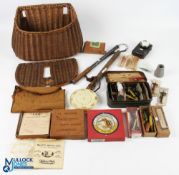 A small creel, missing hinges, with the following items: small single draw gaff; wooden priest;