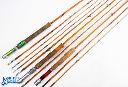 Unnamed split cane fly rod 9ft 3pc alloy down locking reel set and collar, looks tidy, cloth bag; an