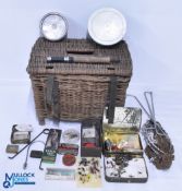 Wicker Fisher Seat/ Basket, with a selection of fishing tackle with noted items of trout flies,