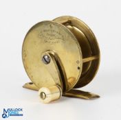 Chris Farlow, 191 The Strand, London, brass crank wind fly reel 2 3/8in spool with curved crank arm,