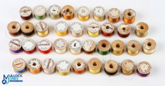 36x Wooden Spools of Pearsall's Gossamer Fly Tying Silks, a good clean collection stored in the dark